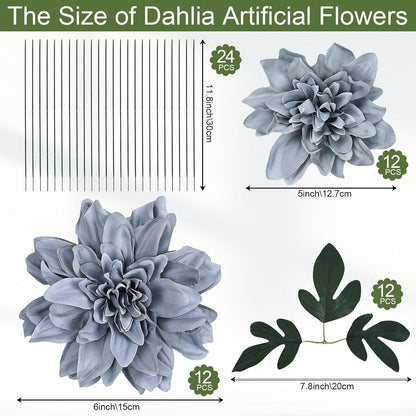 Navy Blue Dahlia Artificial Flowers with Stems, Silk, 24 PCS