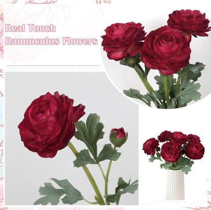 6PCS Pink Ranunculus Artificial Flowers Real Touch Peonies Fake Ranunculus Stems for DIY Wedding Bouquet Party Table Home Decor(Deep Pink)