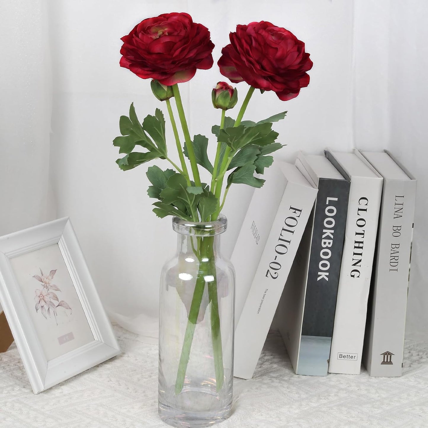 6PCS Pink Ranunculus Artificial Flowers Real Touch Peonies Fake Ranunculus Stems for DIY Wedding Bouquet Party Table Home Decor(Deep Pink)