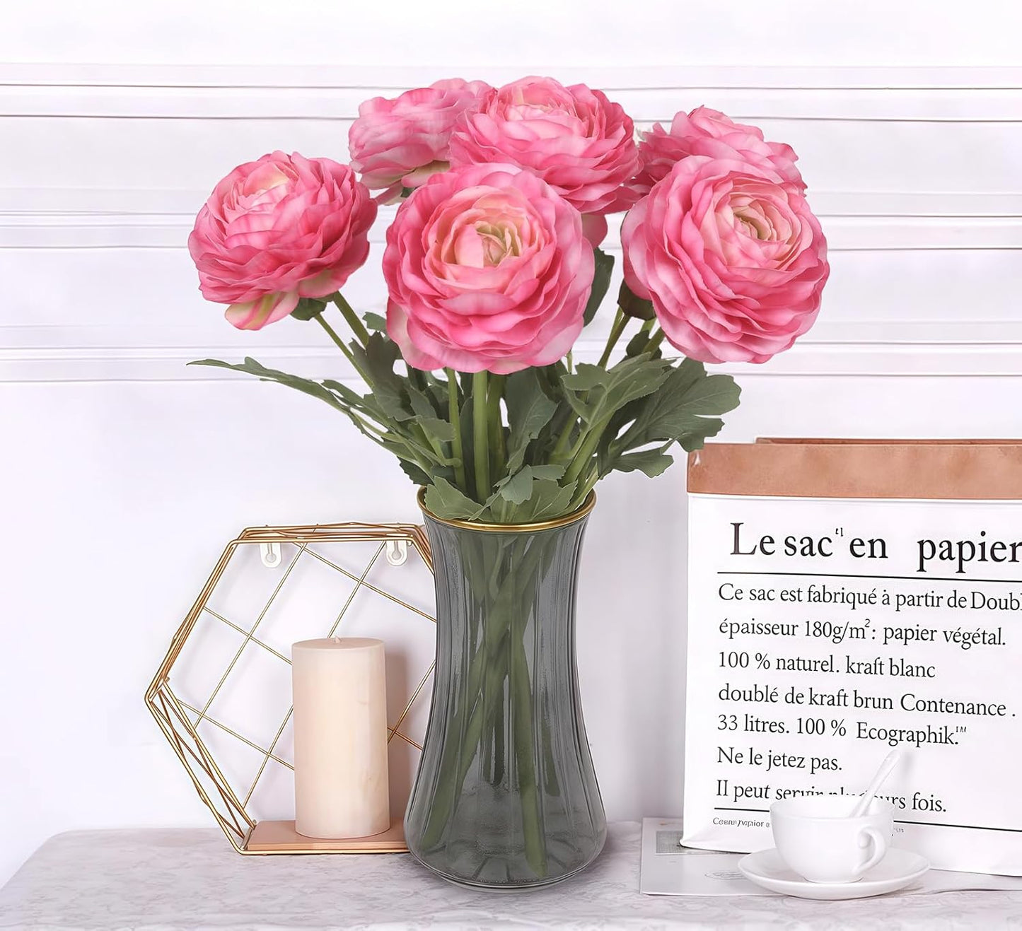 6PCS Pink Ranunculus Artificial Flowers Real Touch Peonies Fake Ranunculus Stems for DIY Wedding Bouquet Party Table Home Decor(Deep Pink)