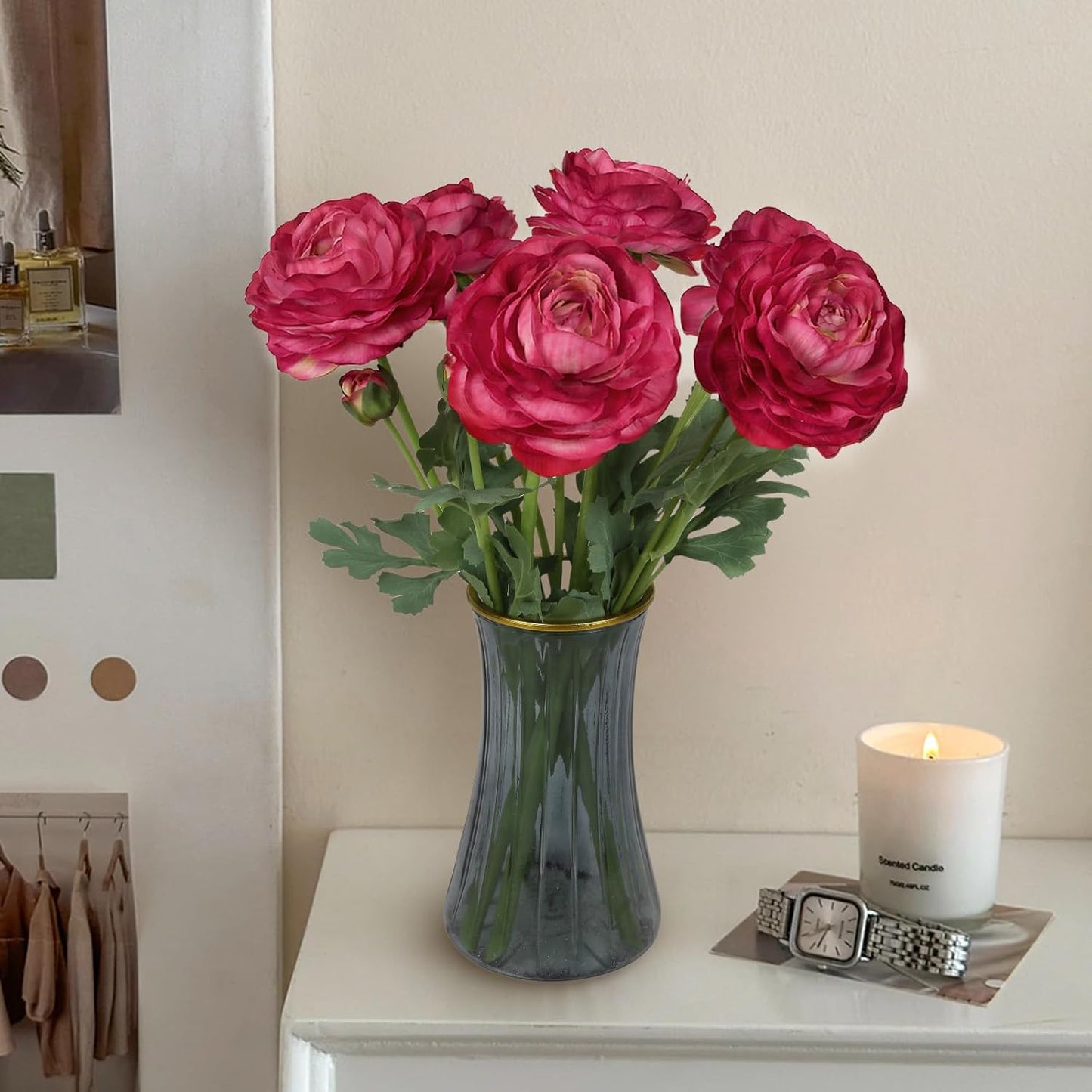 6PCS Pink Ranunculus Artificial Flowers Real Touch Peonies Fake Ranunculus Stems for DIY Wedding Bouquet Party Table Home Decor(Deep Pink)