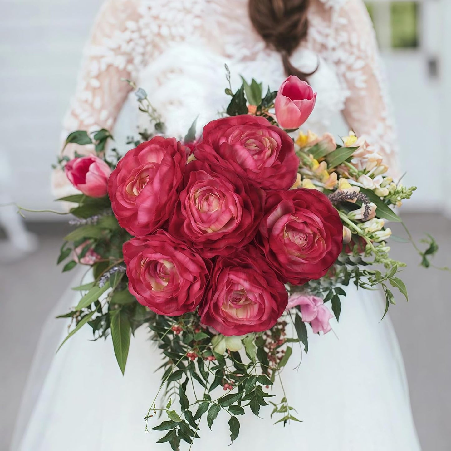 6PCS Pink Ranunculus Artificial Flowers Real Touch Peonies Fake Ranunculus Stems for DIY Wedding Bouquet Party Table Home Decor(Deep Pink)