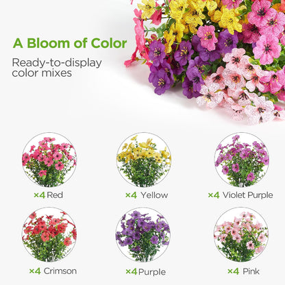 Artificial Flowers for Outdoors Fake Silk Faux Plant 4 Hues 12 Pcs