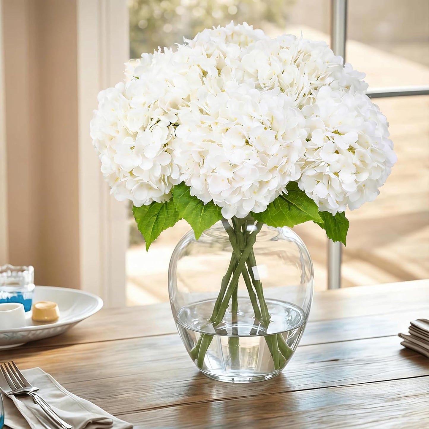 3Pcs White Artificial Hydrangea Flowers, Fake Hydrangea Flowers | 20In Real Touch Hydrangea, Full Latex Petals, for Wedding Party Home Outdoor Decor