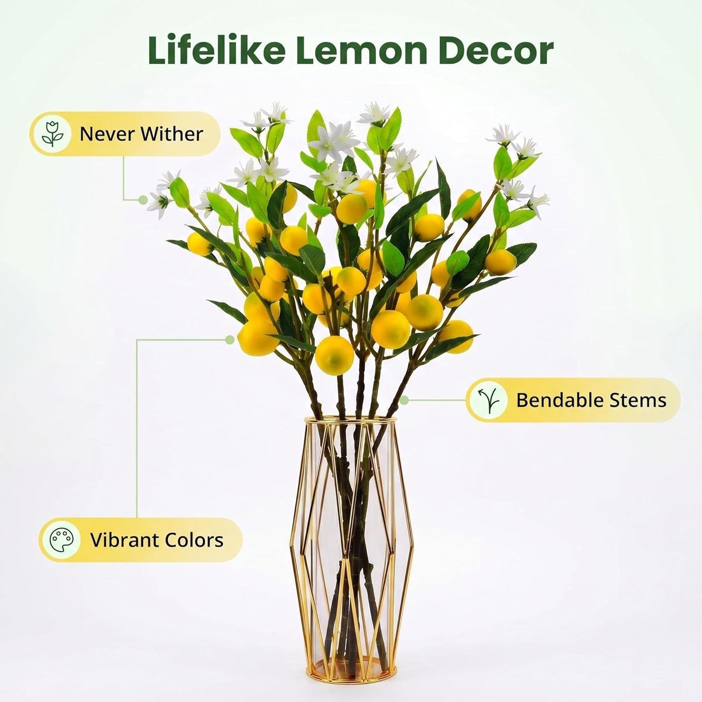 4 Pcs Artificial Lemon Tree Branches, 30 Inch | Realistic Faux Lemons Stems, Lemon Kitchen Decor, Lifelike Fake Lemons, For Home Table Vase & Lemon Decorations