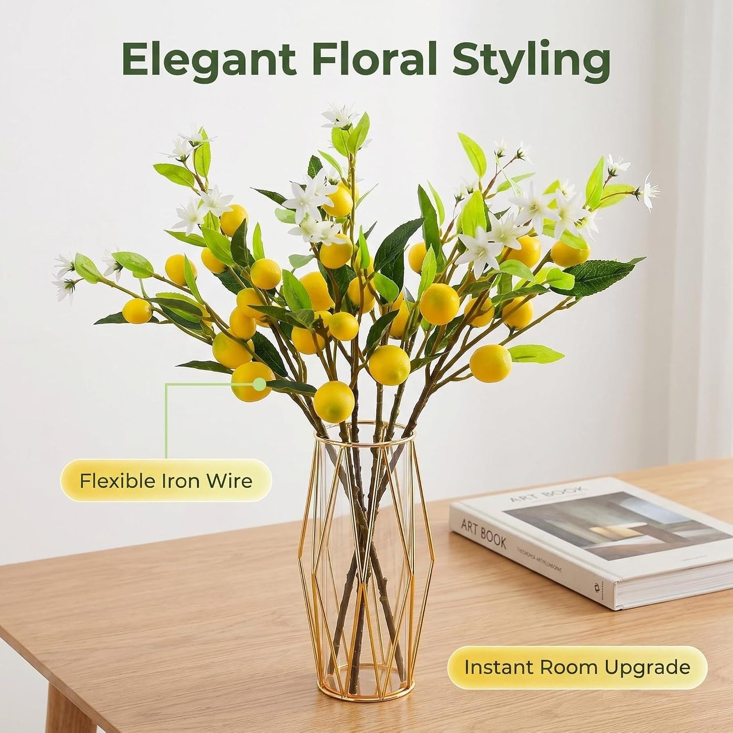 4 Pcs Artificial Lemon Tree Branches, 30 Inch | Realistic Faux Lemons Stems, Lemon Kitchen Decor, Lifelike Fake Lemons, For Home Table Vase & Lemon Decorations