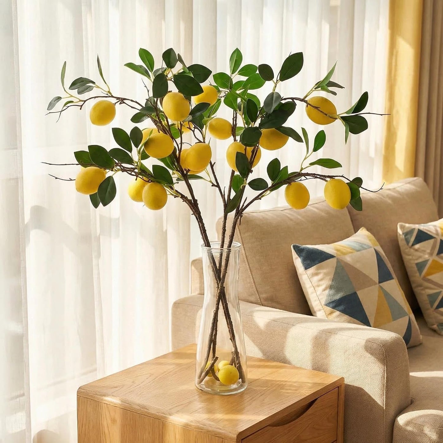 4 Pcs Artificial Lemon Tree Branches, 30 Inch | Realistic Faux Lemons Stems, Lemon Kitchen Decor, Lifelike Fake Lemons, For Home Table Vase & Lemon Decorations