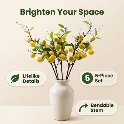 4 Pcs Artificial Lemon Tree Branches, 30 Inch | Realistic Faux Lemons Stems, Lemon Kitchen Decor, Lifelike Fake Lemons, For Home Table Vase & Lemon Decorations