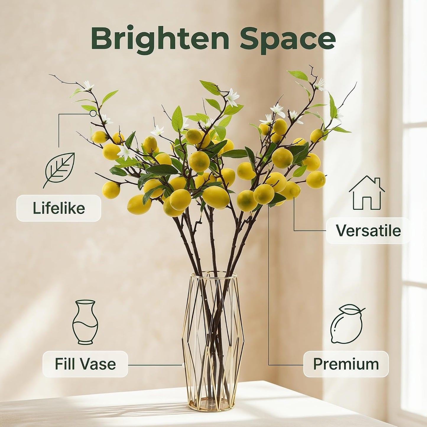 4 Pcs Artificial Lemon Tree Branches, 30 Inch | Realistic Faux Lemons Stems, Lemon Kitchen Decor, Lifelike Fake Lemons, For Home Table Vase & Lemon Decorations