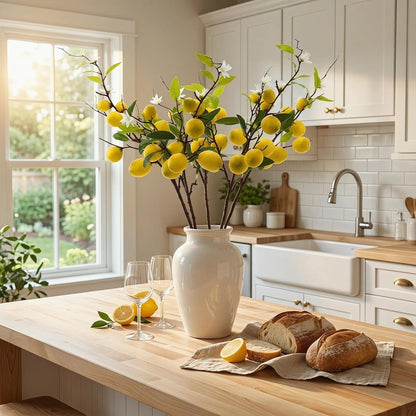 4 Pcs Artificial Lemon Tree Branches, 30 Inch | Realistic Faux Lemons Stems, Lemon Kitchen Decor, Lifelike Fake Lemons, For Home Table Vase & Lemon Decorations