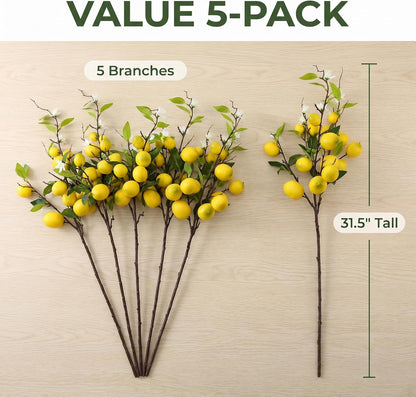 4 Pcs Artificial Lemon Tree Branches, 30 Inch | Realistic Faux Lemons Stems, Lemon Kitchen Decor, Lifelike Fake Lemons, For Home Table Vase & Lemon Decorations