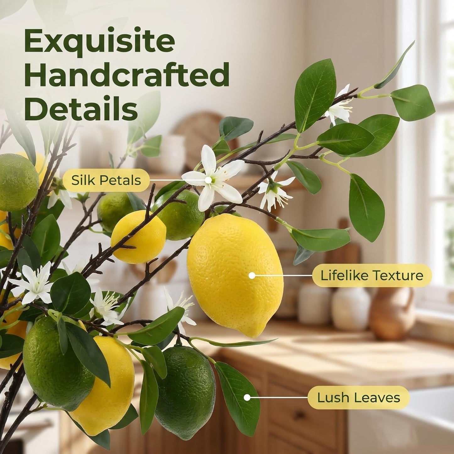 4 Pcs Artificial Lemon Tree Branches, 30 Inch | Realistic Faux Lemons Stems, Lemon Kitchen Decor, Lifelike Fake Lemons, For Home Table Vase & Lemon Decorations