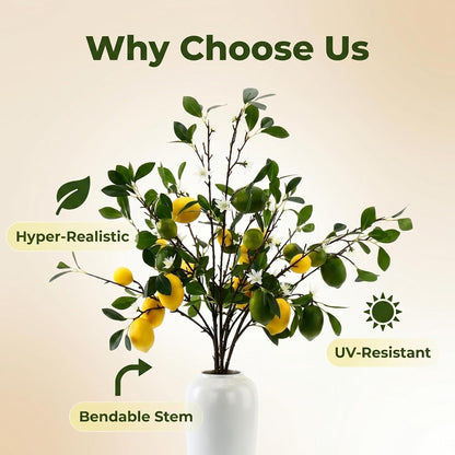 4 Pcs Artificial Lemon Tree Branches, 30 Inch | Realistic Faux Lemons Stems, Lemon Kitchen Decor, Lifelike Fake Lemons, For Home Table Vase & Lemon Decorations