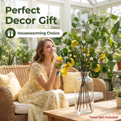4 Pcs Artificial Lemon Tree Branches, 30 Inch | Realistic Faux Lemons Stems, Lemon Kitchen Decor, Lifelike Fake Lemons, For Home Table Vase & Lemon Decorations