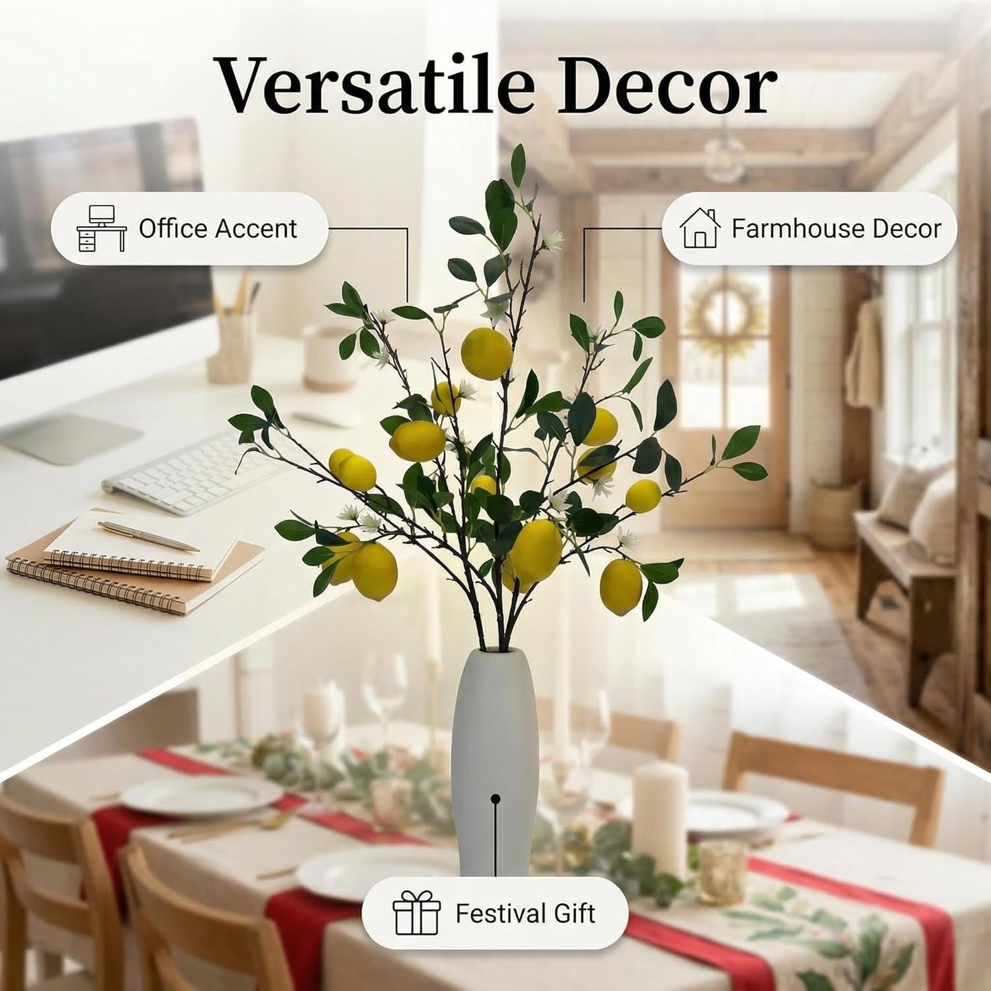 4 Pcs Artificial Lemon Tree Branches, 30 Inch | Realistic Faux Lemons Stems, Lemon Kitchen Decor, Lifelike Fake Lemons, For Home Table Vase & Lemon Decorations