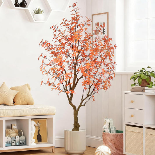 Artificial Maple Tree 6.5FT - Large Faux Plants Indoor with 504 Orange Leaves & Realistic Trunk, 78" Tall Fake Autumn Maple Tree Artificial Floor Plant for Home Living Room Office Thanksgiving Decor
