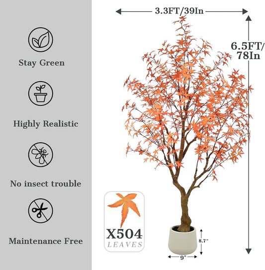 Artificial Maple Tree 6.5FT - Large Faux Plants Indoor with 504 Orange Leaves & Realistic Trunk, 78" Tall Fake Autumn Maple Tree Artificial Floor Plant for Home Living Room Office Thanksgiving Decor