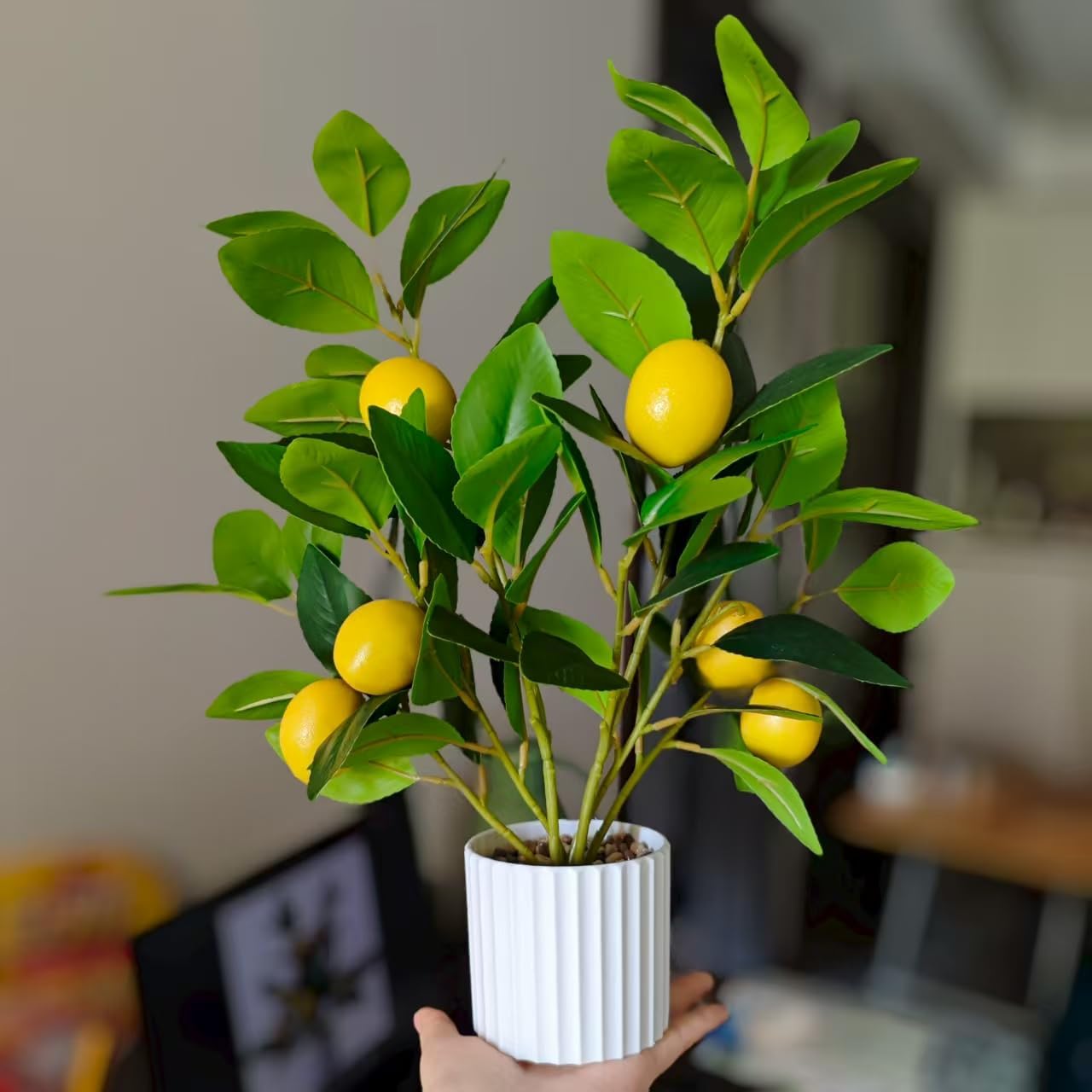 Artificial Lemon Tree in Pot, 15.7" Real Touch Faux Plant for Home Office Desk Decor, Perfect for Coastal Farmhouse Kitchen Living Room