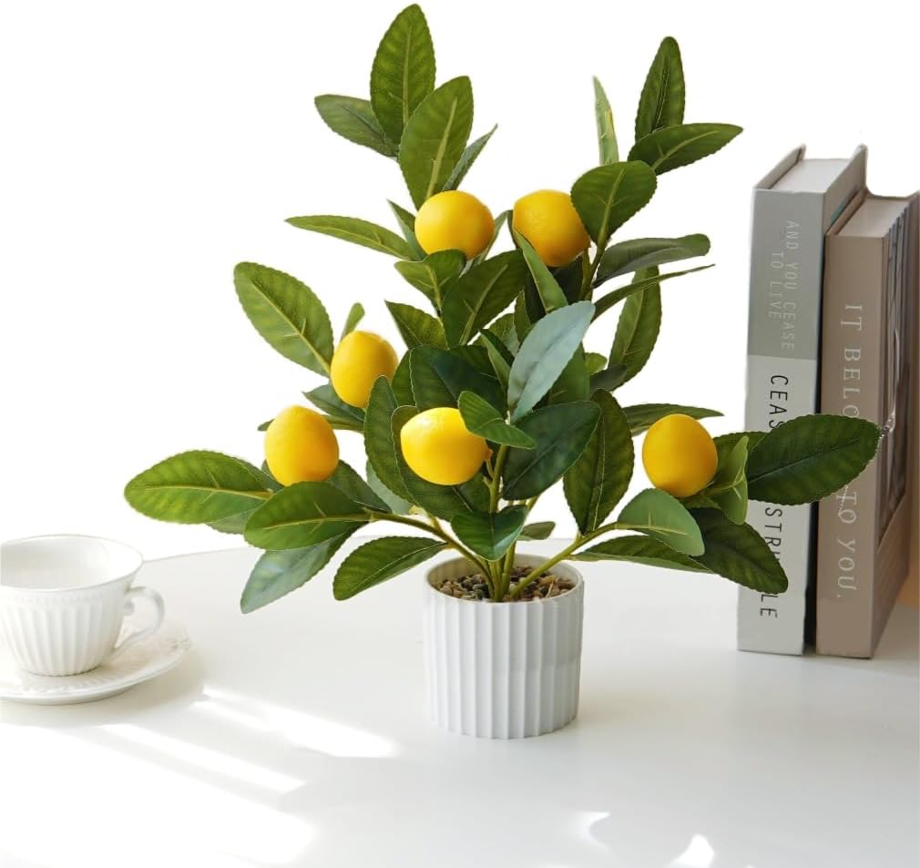 Artificial Lemon Tree in Pot, 15.7" Real Touch Faux Plant for Home Office Desk Decor, Perfect for Coastal Farmhouse Kitchen Living Room