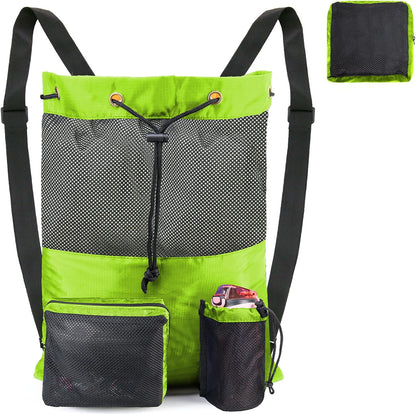 Gym Bags for Men Women Mesh Drawstring Backpack for Swim Sports Workout Gear Gifts for Swimmers Beach Pool Wrestling Backpack Cinch Bag With 3 Pockets Neon Yellow XLarge
