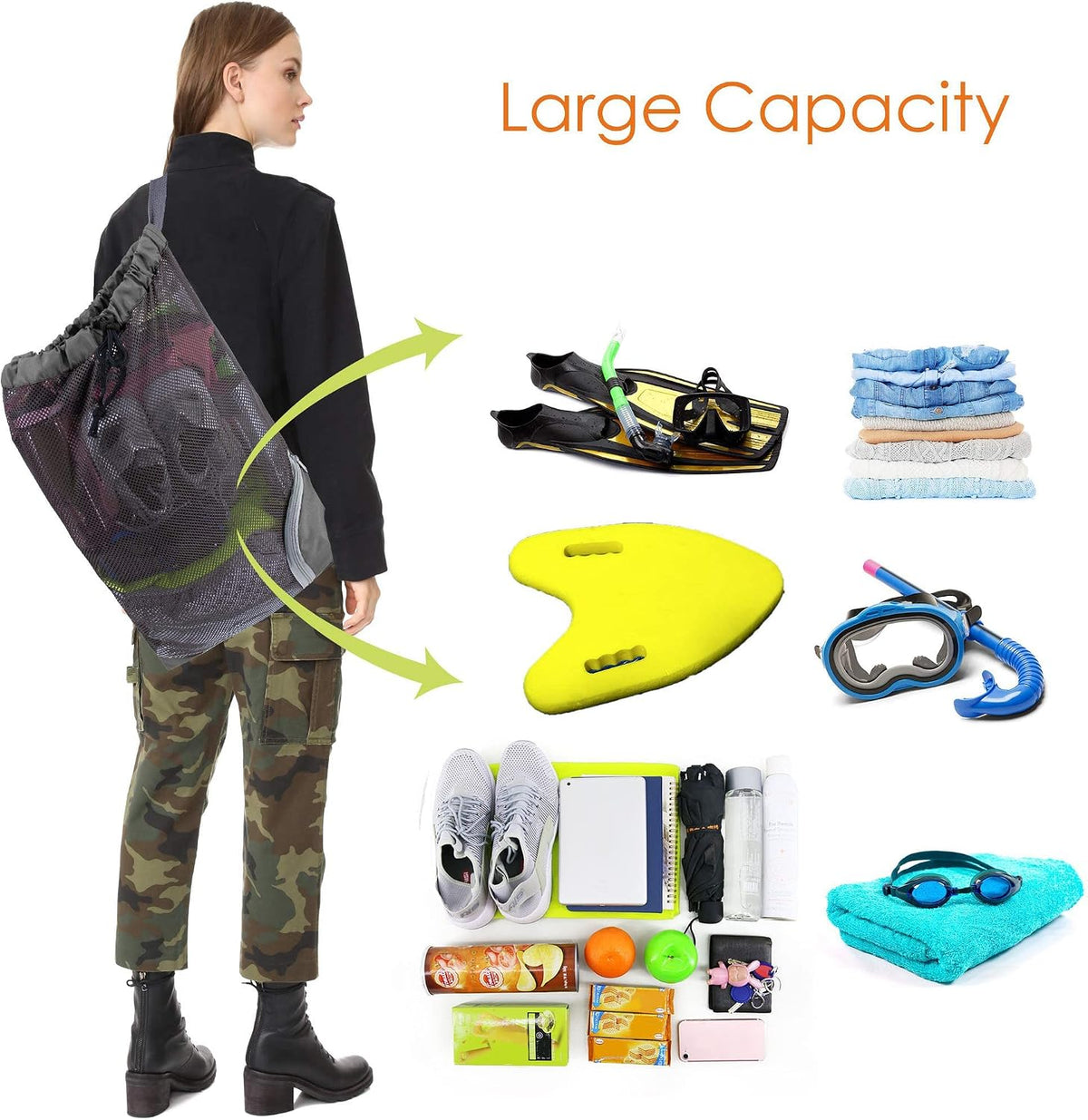 Gym Bags for Men Women Mesh Drawstring Backpack for Swim Sports Workout Gear Gifts for Swimmers Beach Pool Wrestling Backpack Cinch Bag With 3 Pockets Neon Yellow XLarge