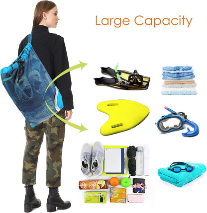Gym Bags for Men Women Mesh Drawstring Backpack for Swim Sports Workout Gear Gifts for Swimmers Beach Pool Wrestling Backpack Cinch Bag With 3 Pockets Neon Yellow XLarge