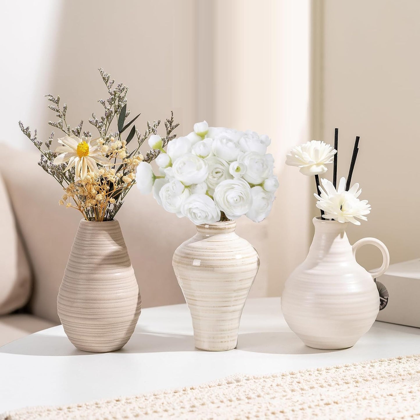 Ranunculus Artificial Flowers 2 Bouquets Mini Cream Fake Flowers 12PCS Small Faux Ranunculus Decorative Flowers for DIY Wedding Bouquet Bridal Shower Filler Flowers Decorations (Cream)