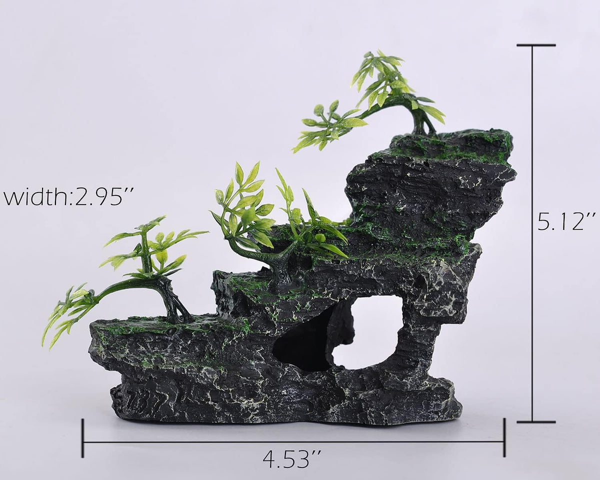 Aquarium Ornament, Mountain View Stone with Moss Tree Rock Cave Landscape Artificial Fish Tank Decoration