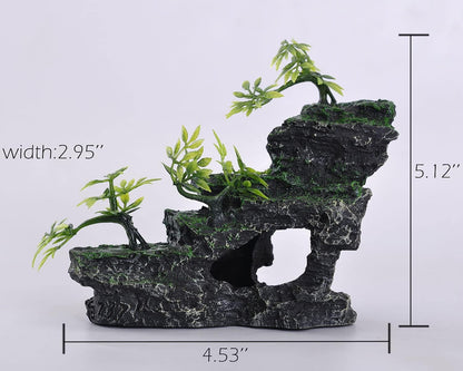 Aquarium Ornament, Mountain View Stone with Moss Tree Rock Cave Landscape Artificial Fish Tank Decoration