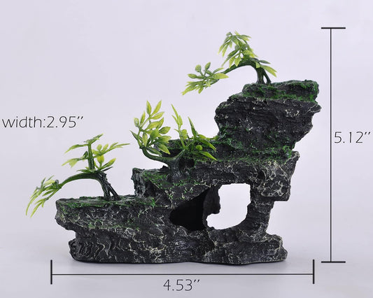 Aquarium Ornament, Mountain View Stone with Moss Tree Rock Cave Landscape Artificial Fish Tank Decoration