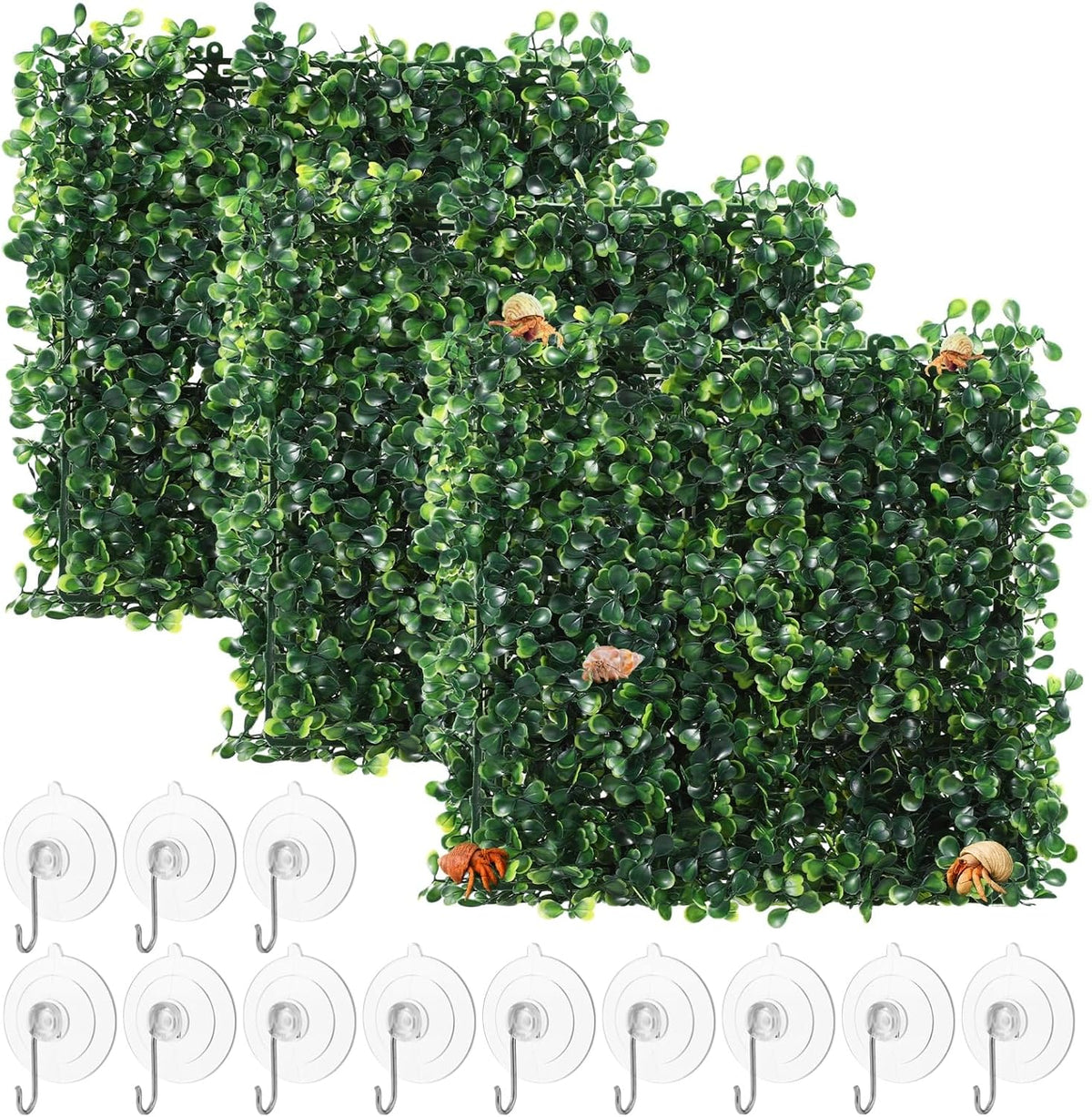 3PCS Hermit Crab Climbing Wall Toys, 9.84 × 9.84 in Faux Grass Mat Aquarium Decor with Suction Cups, Plastic Reptile Climbing & Hide Plants for Gecko Lizard Turtle Betta