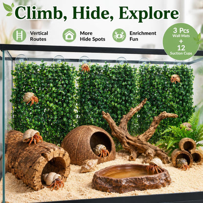 3PCS Hermit Crab Climbing Wall Toys, 9.84 × 9.84 in Faux Grass Mat Aquarium Decor with Suction Cups, Plastic Reptile Climbing & Hide Plants for Gecko Lizard Turtle Betta