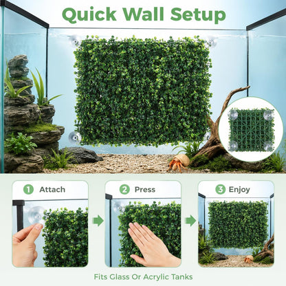 3PCS Hermit Crab Climbing Wall Toys, 9.84 × 9.84 in Faux Grass Mat Aquarium Decor with Suction Cups, Plastic Reptile Climbing & Hide Plants for Gecko Lizard Turtle Betta