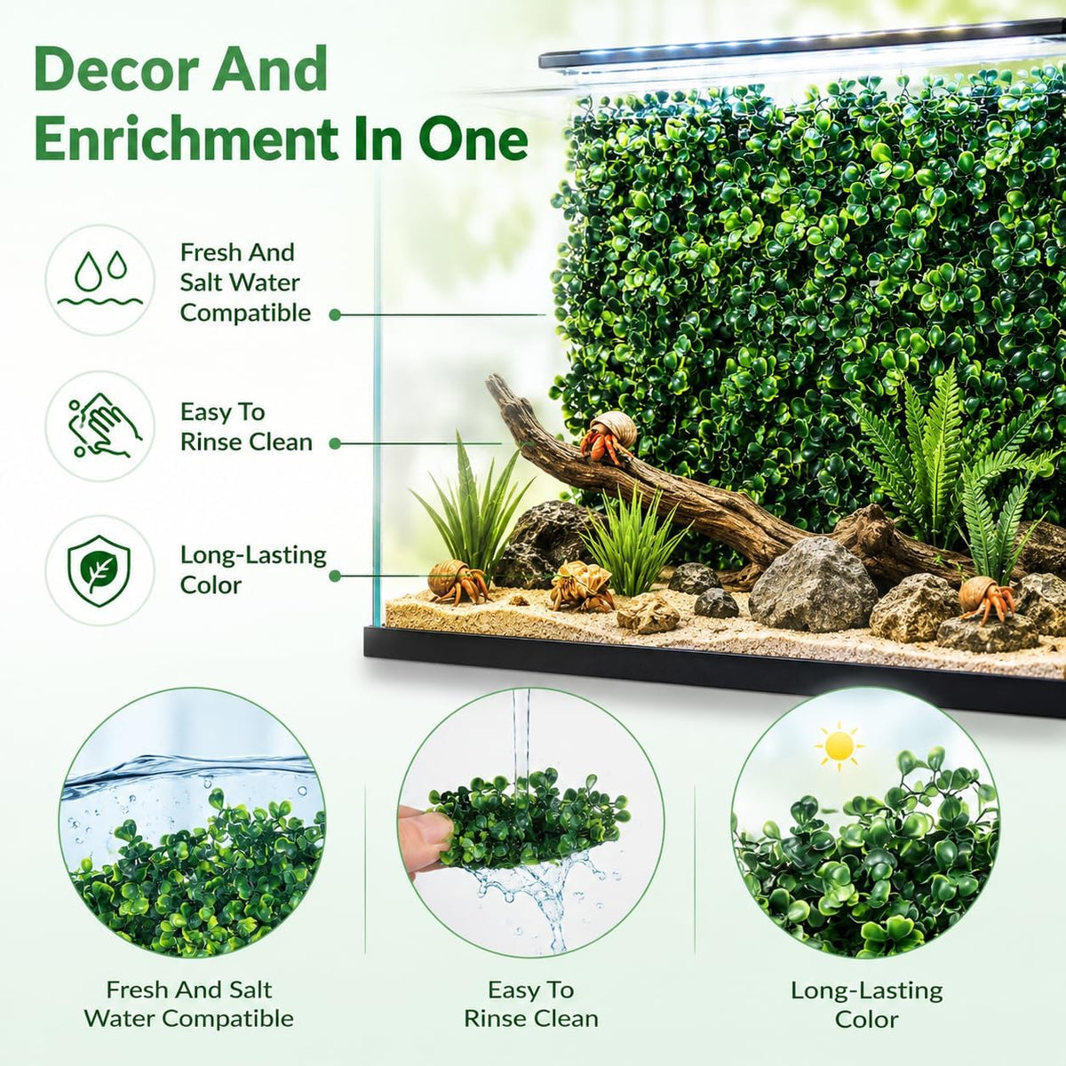 3PCS Hermit Crab Climbing Wall Toys, 9.84 × 9.84 in Faux Grass Mat Aquarium Decor with Suction Cups, Plastic Reptile Climbing & Hide Plants for Gecko Lizard Turtle Betta