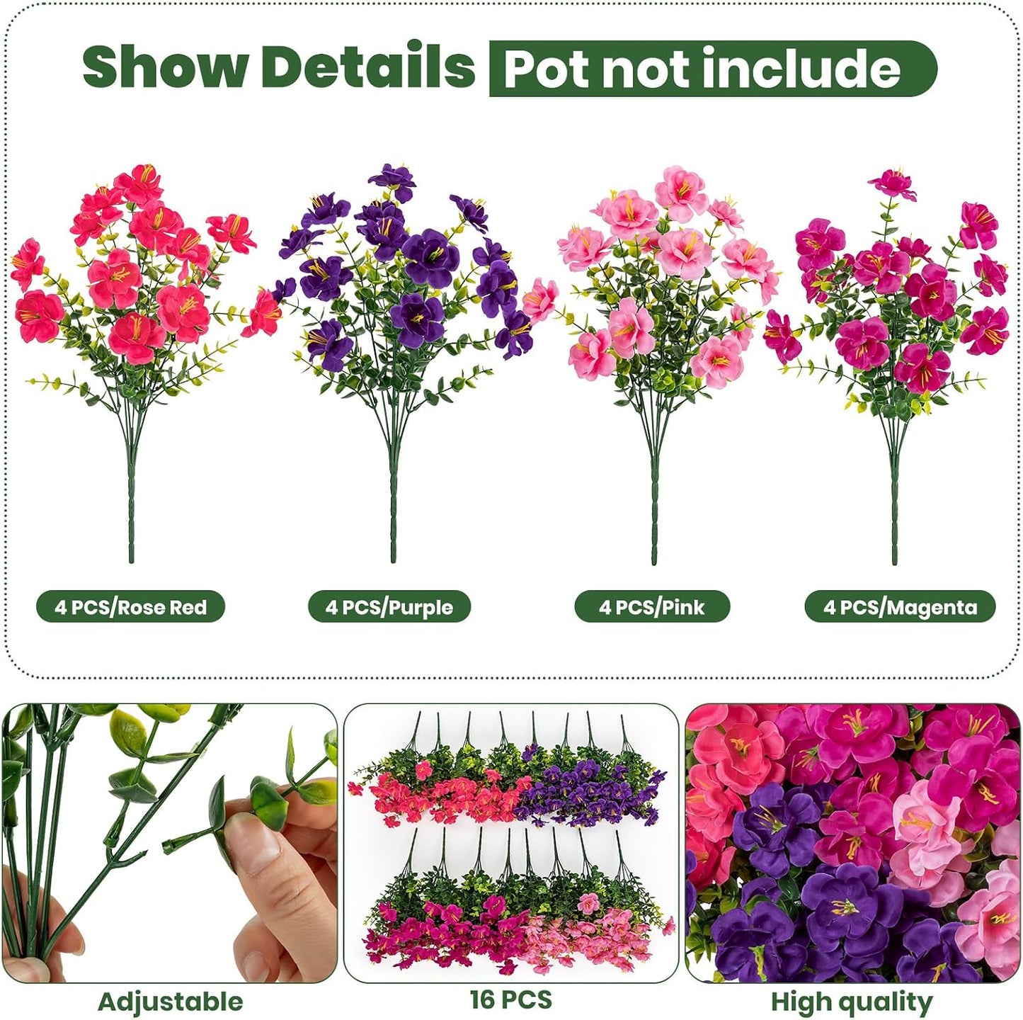 16 Bundles Realistic Artificial Camellia Flowers for Outdoor, UV Resistant Faux Lifelike Fake Flowers for Home Decor, Wedding, Centerpiece（Purple/Magenta/Rose Red/Pink）