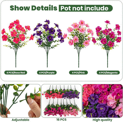 16 Bundles Realistic Artificial Camellia Flowers for Outdoor, UV Resistant Faux Lifelike Fake Flowers for Home Decor, Wedding, Centerpiece（Purple/Magenta/Rose Red/Pink）