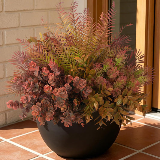 Outdoor Faux Plants UV Resistant Fake Greenery for Outside Planter | 12 Bouquet Realistic Artificial Eucalyptus Fern Lavender Spider Vanilla Patio Garden Front Door Porch Yard Home Decor