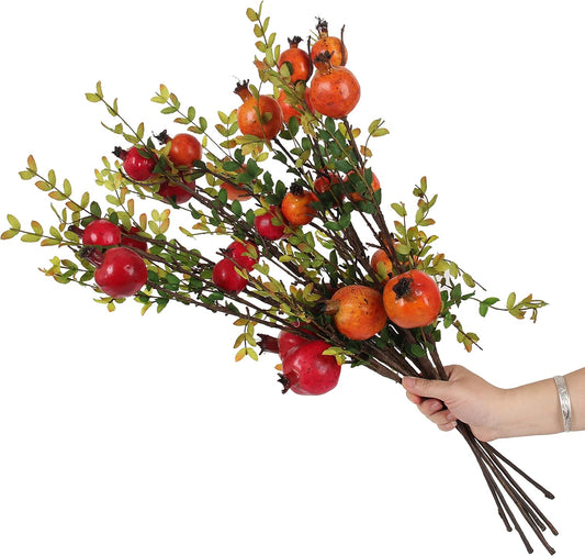 3PCS 26 Inch Artificial Pomegranate Stems with Leaves, Faux Fruit Branches for Rustic Home Décor, Fall Centerpieces, Wedding & Holiday Arrangements,Red Color