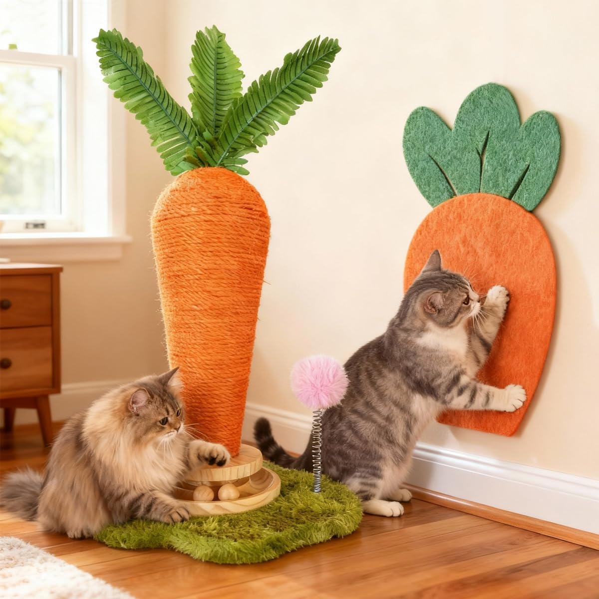 Carrot Cat Scratching Post and Wall Mounted Scratching Mat, Cute Tall Scratching Post,Indoor Nature Sisal Cat Scratcher for Cats and Kittens