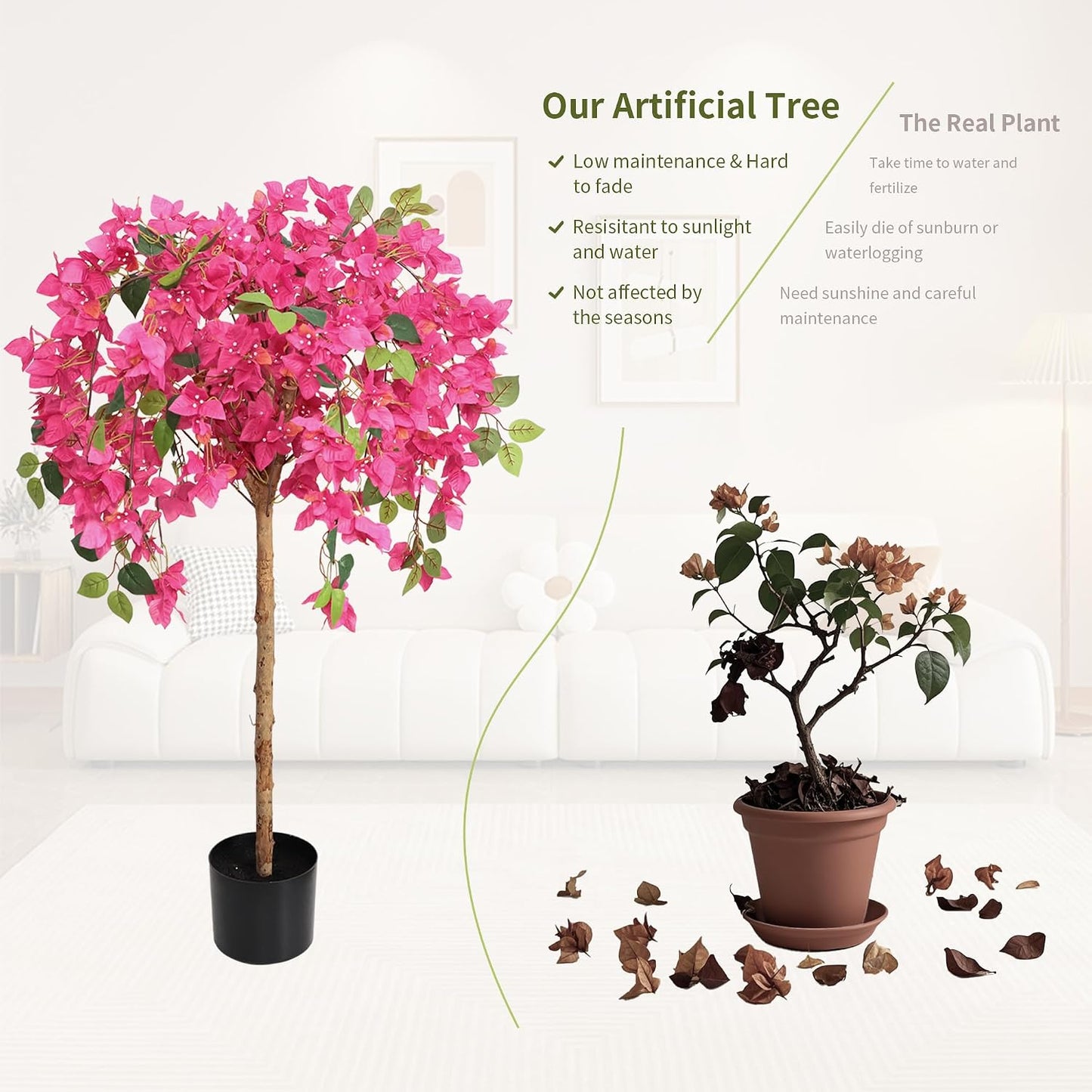 5 Feet Artificial Bougainvillea Tree with Flowers in Plastic Pot Faux Blooming Tree for Decor Indoor or Outdoor Home Office, 1 PCS(63 inch)