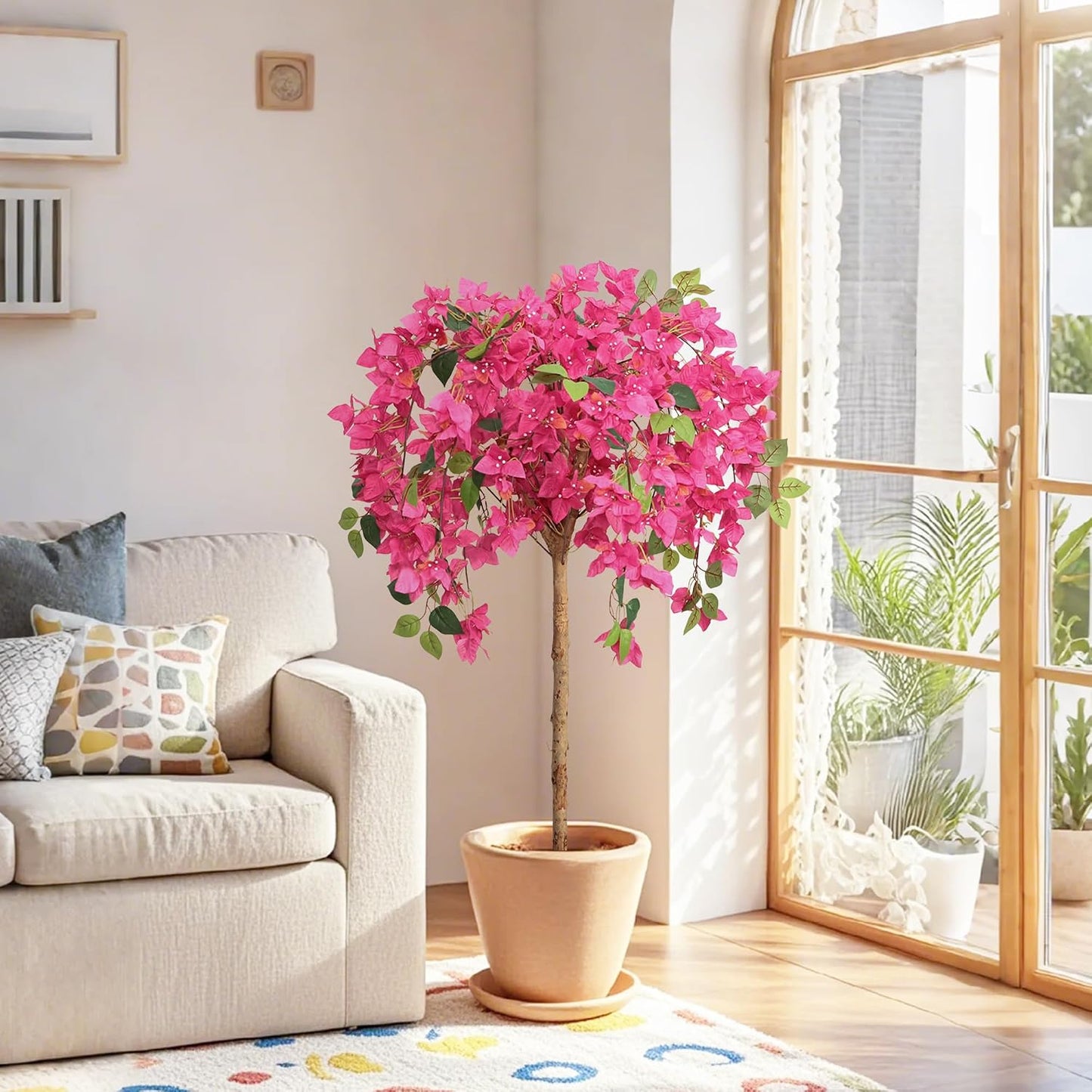 5 Feet Artificial Bougainvillea Tree with Flowers in Plastic Pot Faux Blooming Tree for Decor Indoor or Outdoor Home Office, 1 PCS(63 inch)