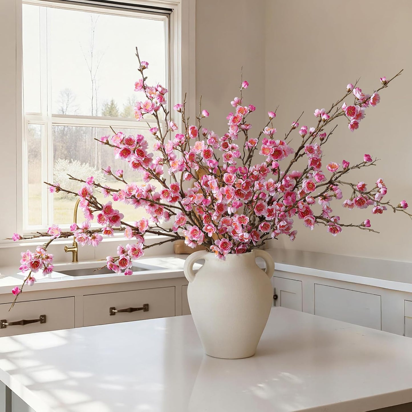 florisso 6 PCS Artificial Cherry Blossom Branches Spring Indoor Decoration, Faux Flowers 34.45" Long Stems Plum Fake Peach Plants Real Touch Silk for Wedding Home Bedroom Party Table Office, White