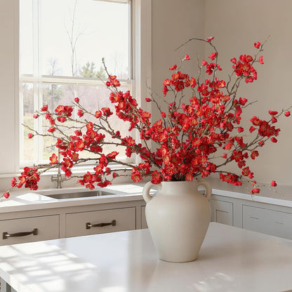 florisso 6 PCS Artificial Cherry Blossom Branches Spring Indoor Decoration, Faux Flowers 34.45" Long Stems Plum Fake Peach Plants Real Touch Silk for Wedding Home Bedroom Party Table Office, White