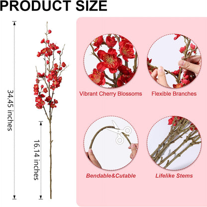florisso 6 PCS Artificial Cherry Blossom Branches Spring Indoor Decoration, Faux Flowers 34.45" Long Stems Plum Fake Peach Plants Real Touch Silk for Wedding Home Bedroom Party Table Office, White