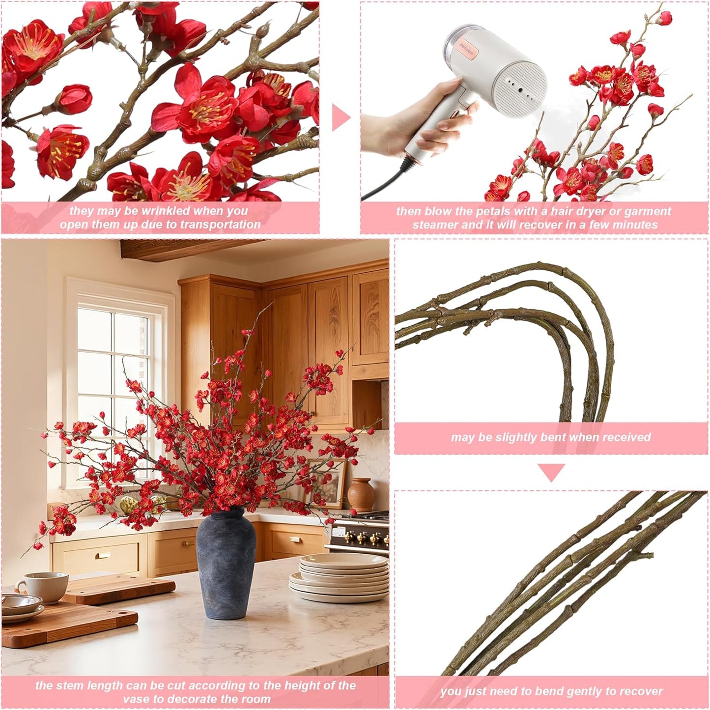 florisso 6 PCS Artificial Cherry Blossom Branches Spring Indoor Decoration, Faux Flowers 34.45" Long Stems Plum Fake Peach Plants Real Touch Silk for Wedding Home Bedroom Party Table Office, White
