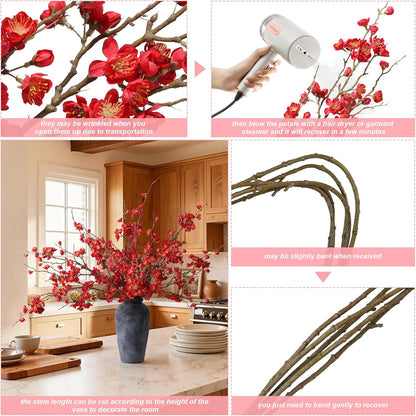 florisso 6 PCS Artificial Cherry Blossom Branches Spring Indoor Decoration, Faux Flowers 34.45" Long Stems Plum Fake Peach Plants Real Touch Silk for Wedding Home Bedroom Party Table Office, White
