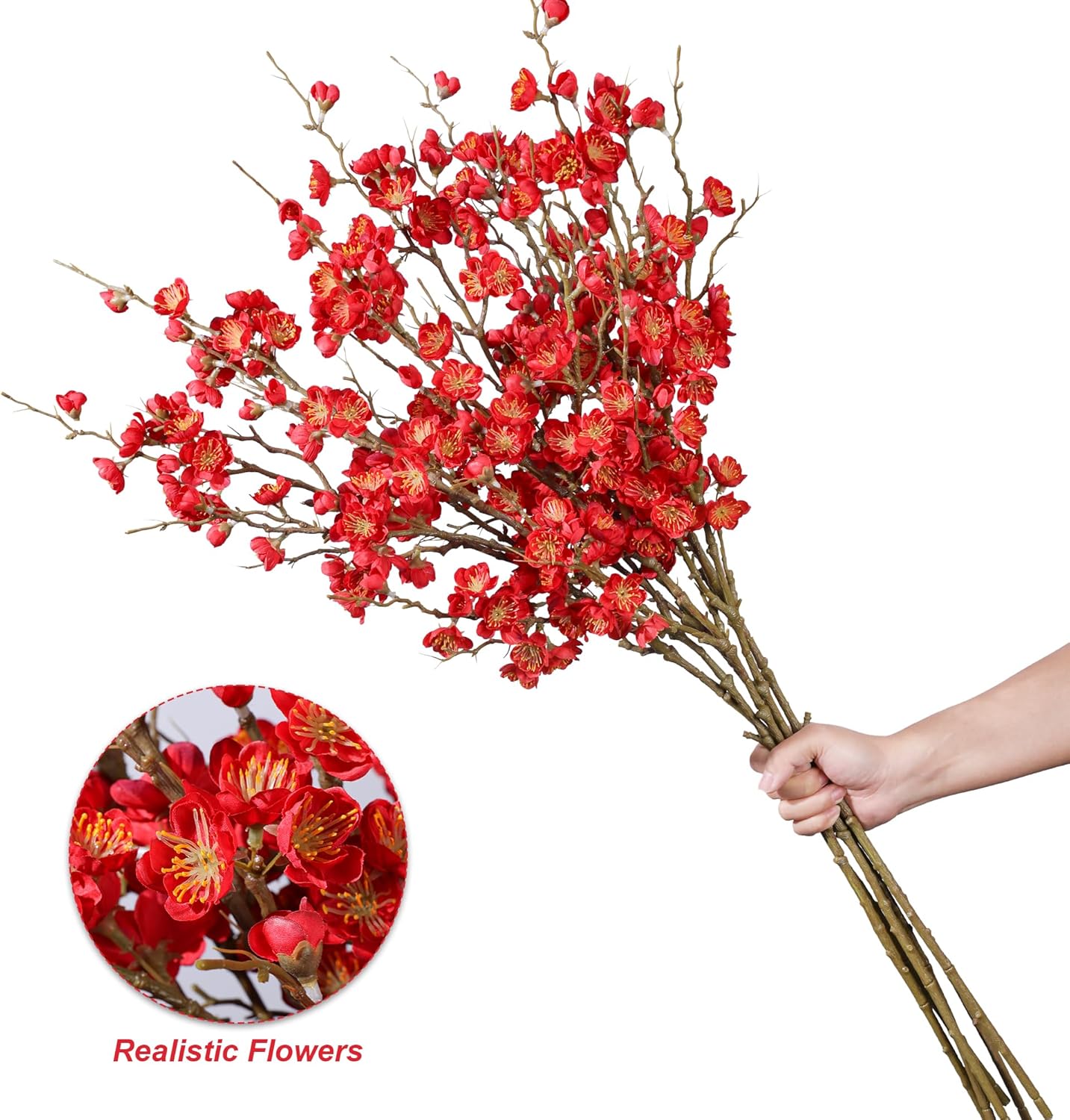 florisso 6 PCS Artificial Cherry Blossom Branches Spring Indoor Decoration, Faux Flowers 34.45" Long Stems Plum Fake Peach Plants Real Touch Silk for Wedding Home Bedroom Party Table Office, White