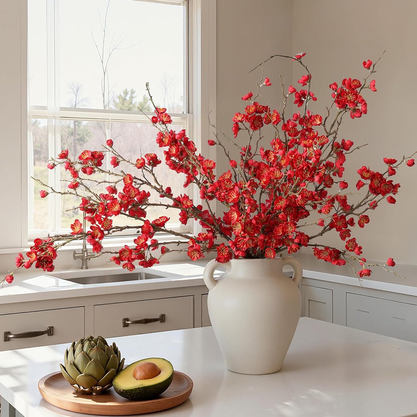 florisso 6 PCS Artificial Cherry Blossom Branches Spring Indoor Decoration, Faux Flowers 34.45" Long Stems Plum Fake Peach Plants Real Touch Silk for Wedding Home Bedroom Party Table Office, White