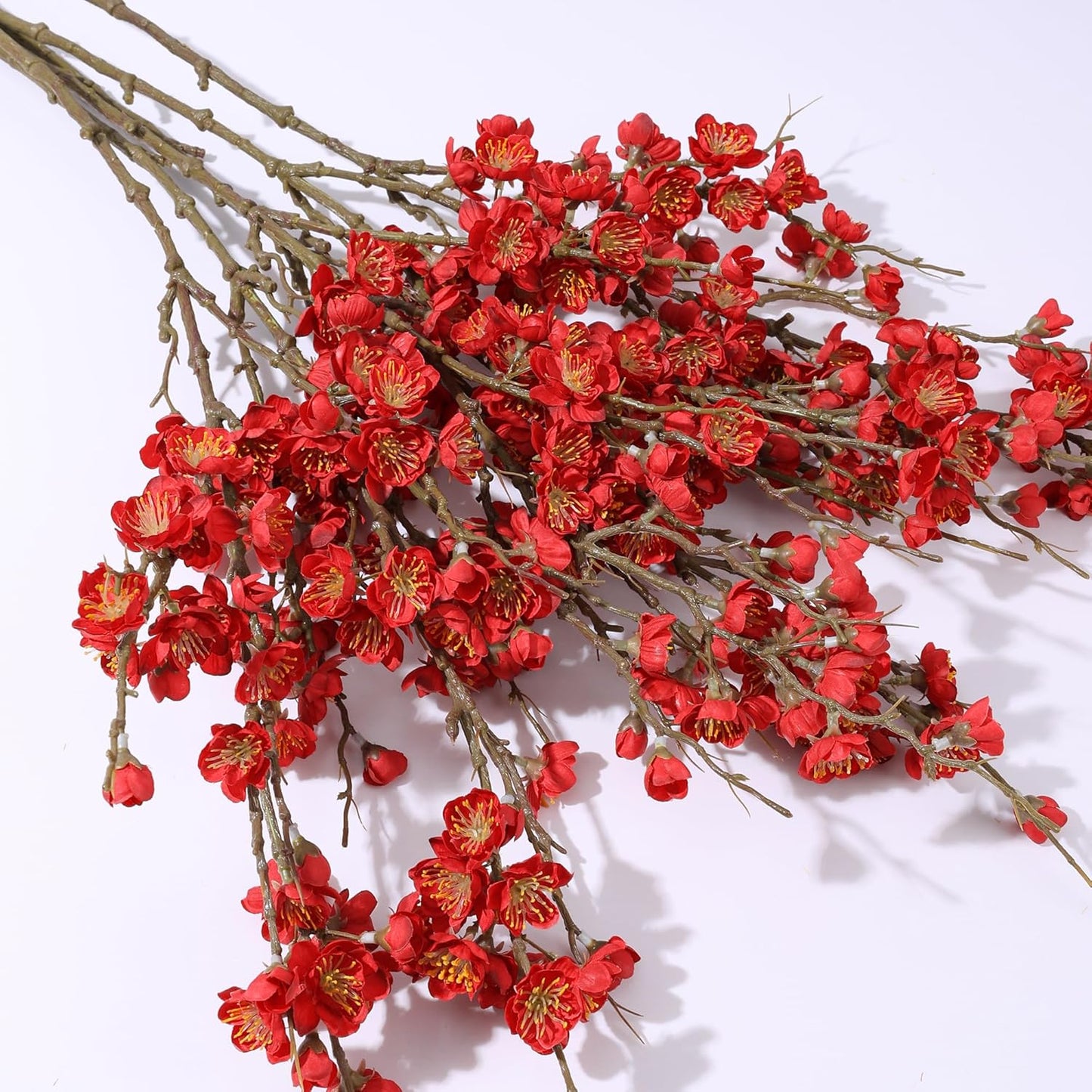 florisso 6 PCS Artificial Cherry Blossom Branches Spring Indoor Decoration, Faux Flowers 34.45" Long Stems Plum Fake Peach Plants Real Touch Silk for Wedding Home Bedroom Party Table Office, White