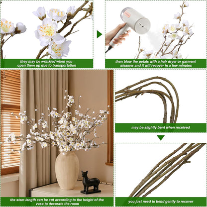 florisso 6 PCS Artificial Cherry Blossom Branches Spring Indoor Decoration, Faux Flowers 34.45" Long Stems Plum Fake Peach Plants Real Touch Silk for Wedding Home Bedroom Party Table Office, White